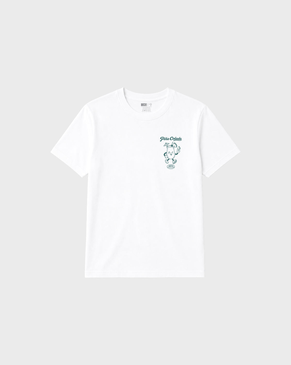 Piña Colada white unisex T-shirt, front flat lay showing the teal cocktail character on the left chest.
