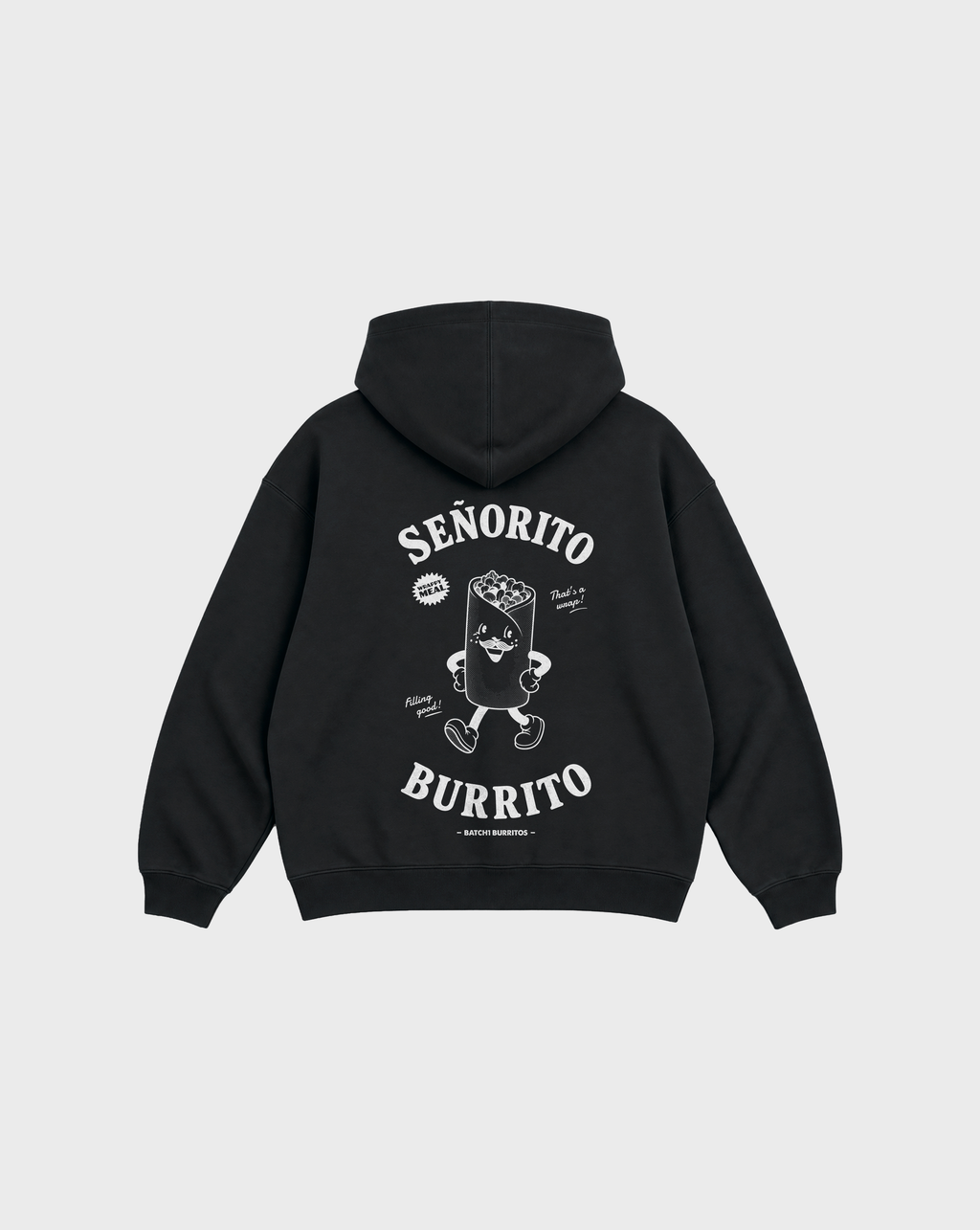 Back flat lay of the Señorito Burrito black oversized hoodie, showing the large white burrito character and lettering beneath the hood.