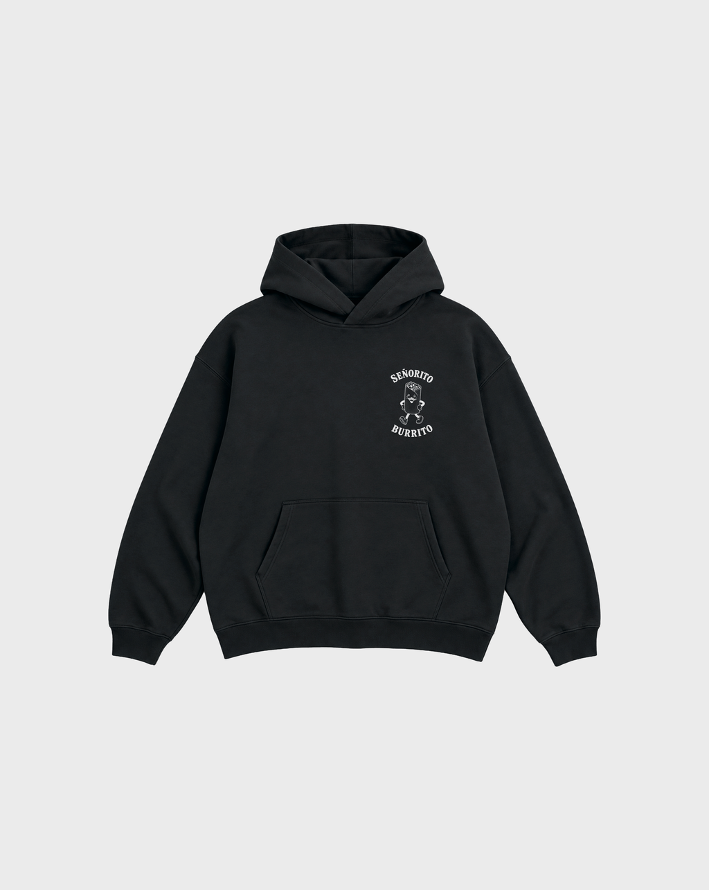 Front flat lay of the Señorito Burrito black oversized hoodie, with white burrito artwork on the left chest.
