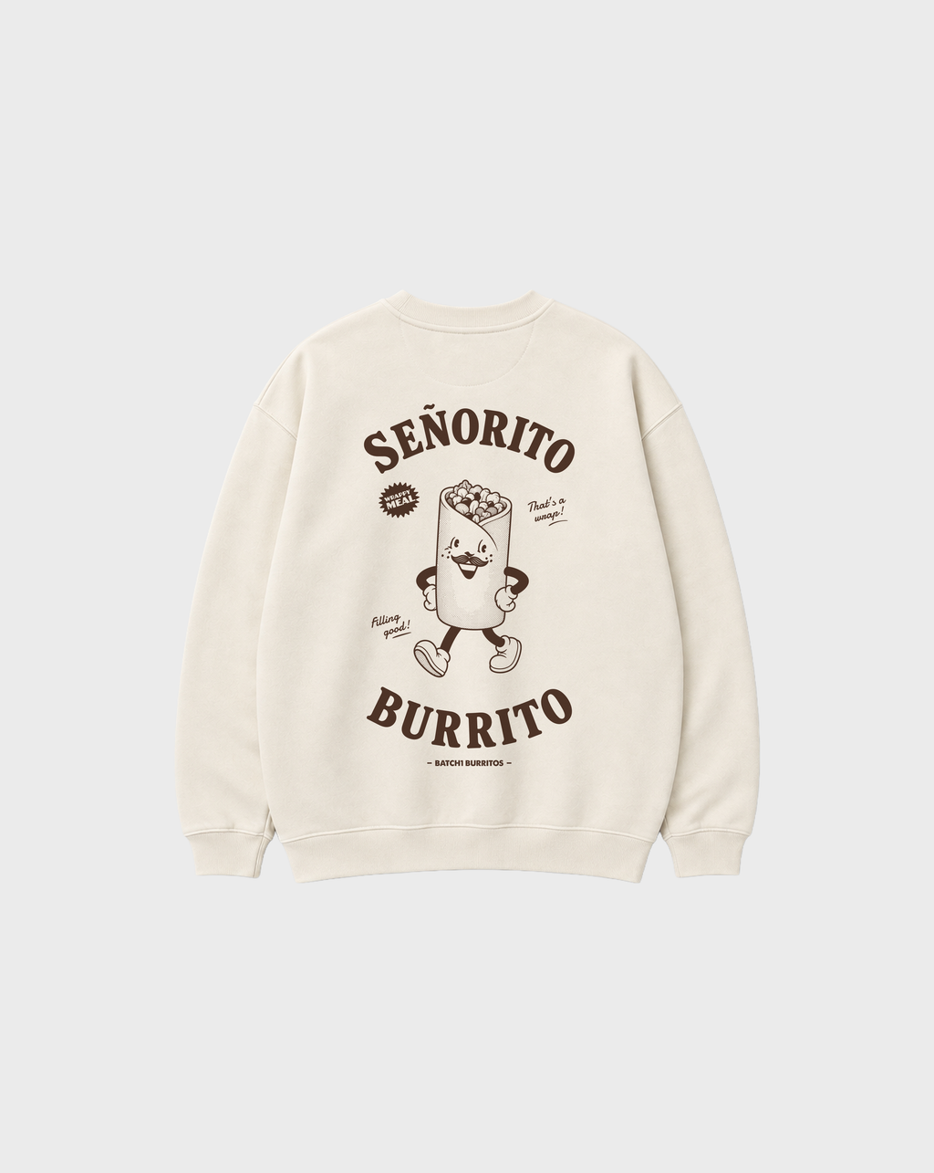Back flat lay of the Señorito Burrito ivory oversized sweatshirt, showing the large dark brown burrito character and lettering.