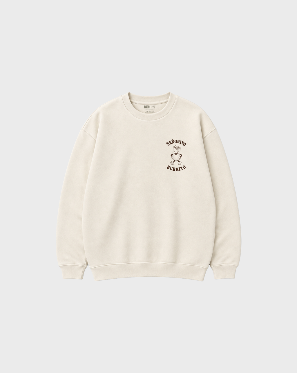 Front flat lay of the Señorito Burrito ivory oversized sweatshirt, with dark brown burrito artwork on the left chest.