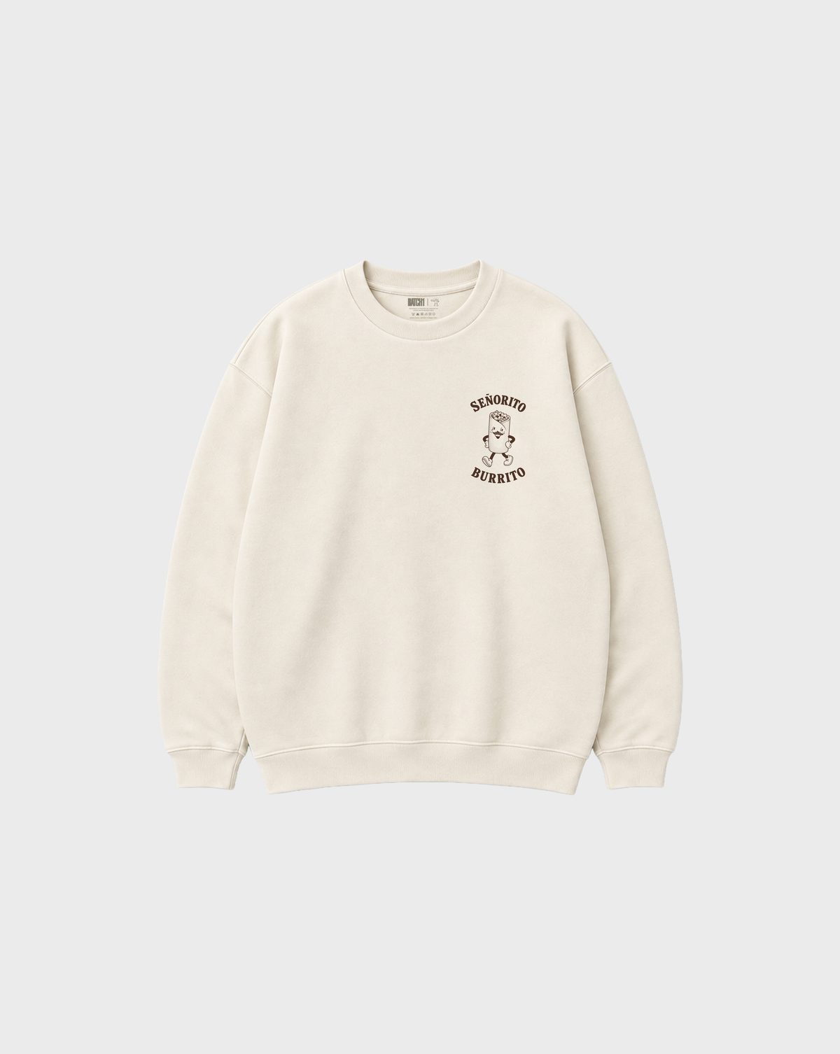 Front flat lay of the Señorito Burrito ivory oversized sweatshirt, with dark brown burrito artwork on the left chest.