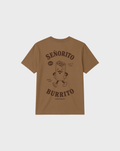 Back flat lay of the Señorito Burrito tobacco T-shirt, showing the large dark brown burrito character and lettering.