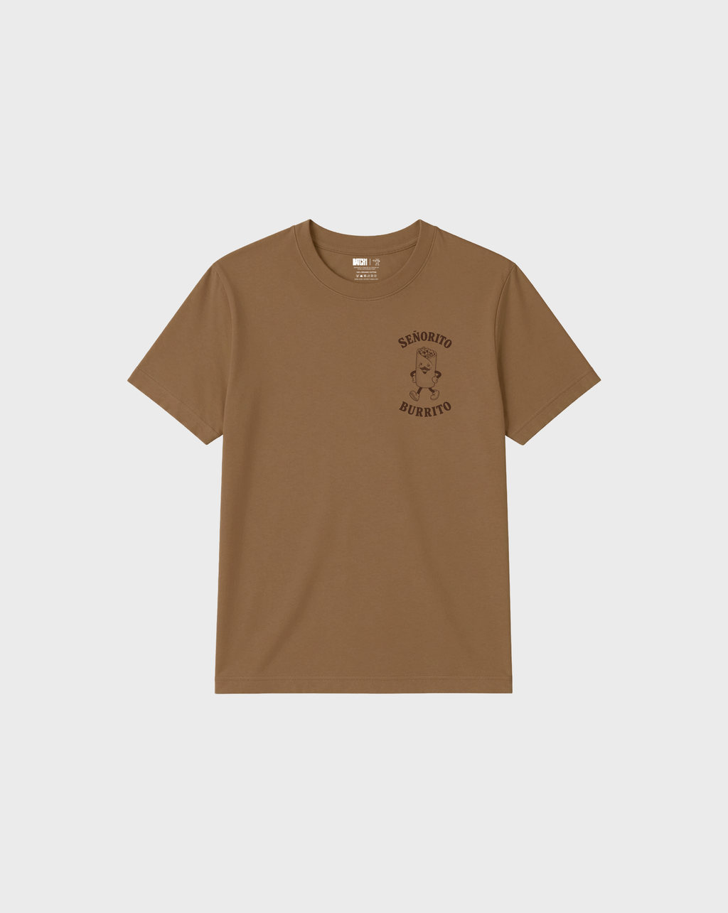 Front flat lay of the Señorito Burrito tobacco T-shirt, with dark brown burrito artwork on the left chest.