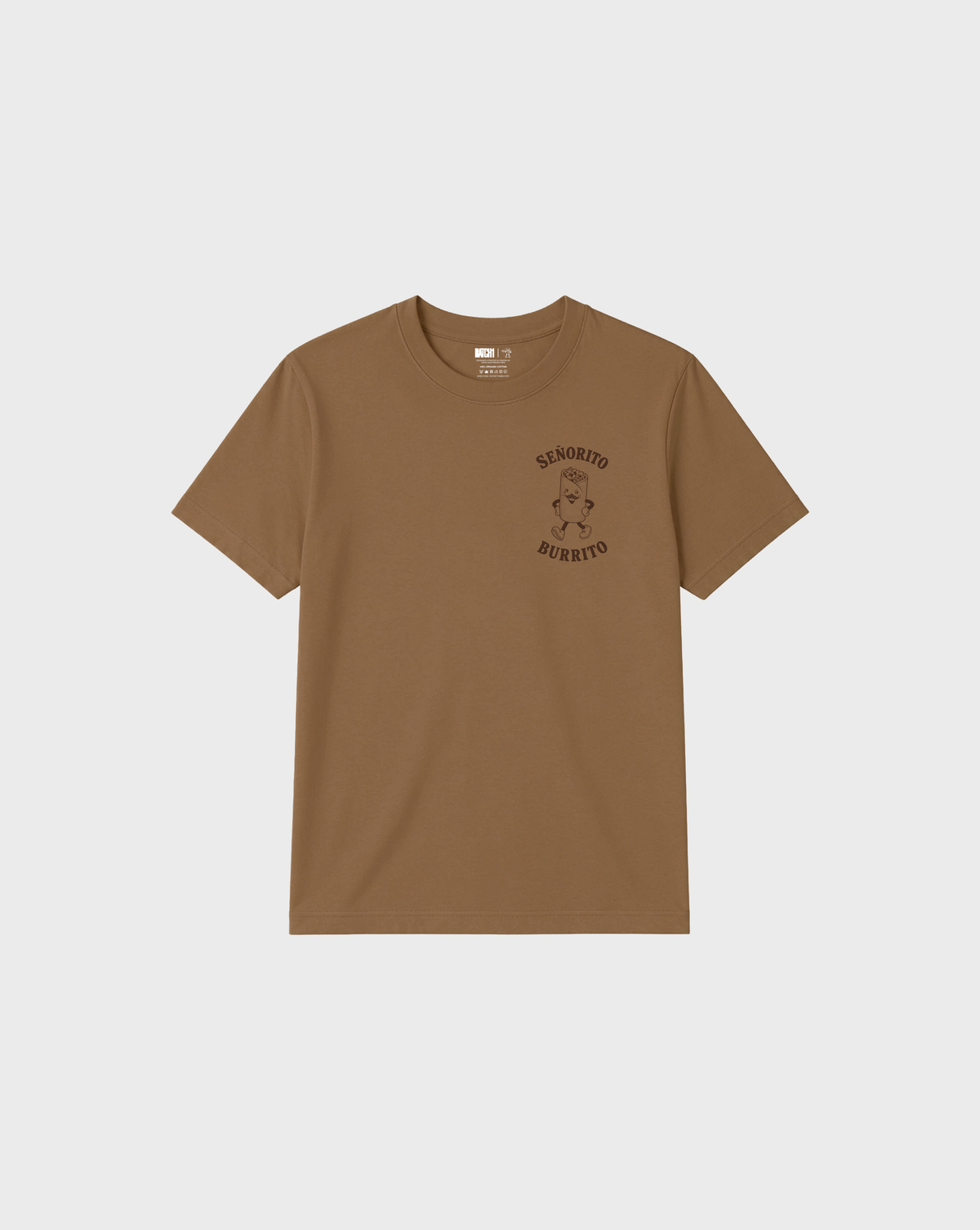 Front flat lay of the Señorito Burrito tobacco T-shirt, with dark brown burrito artwork on the left chest.