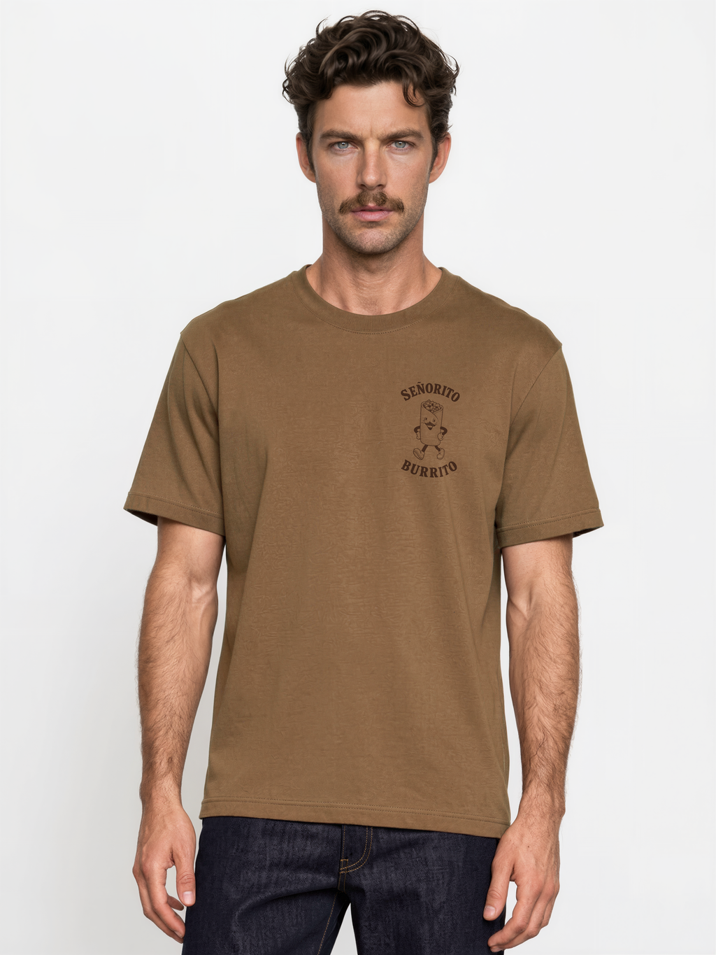 Male model wearing the Señorito Burrito tobacco t-shirt, front view showing the dark brown left-chest burrito artwork.