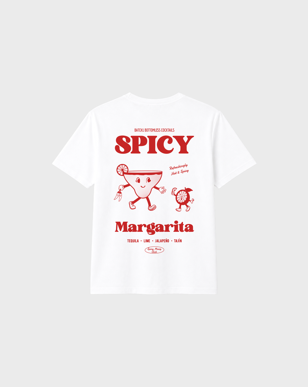 Spicy Margarita white T-shirt, back flat lay with red cocktail characters and Spicy Margarita lettering
