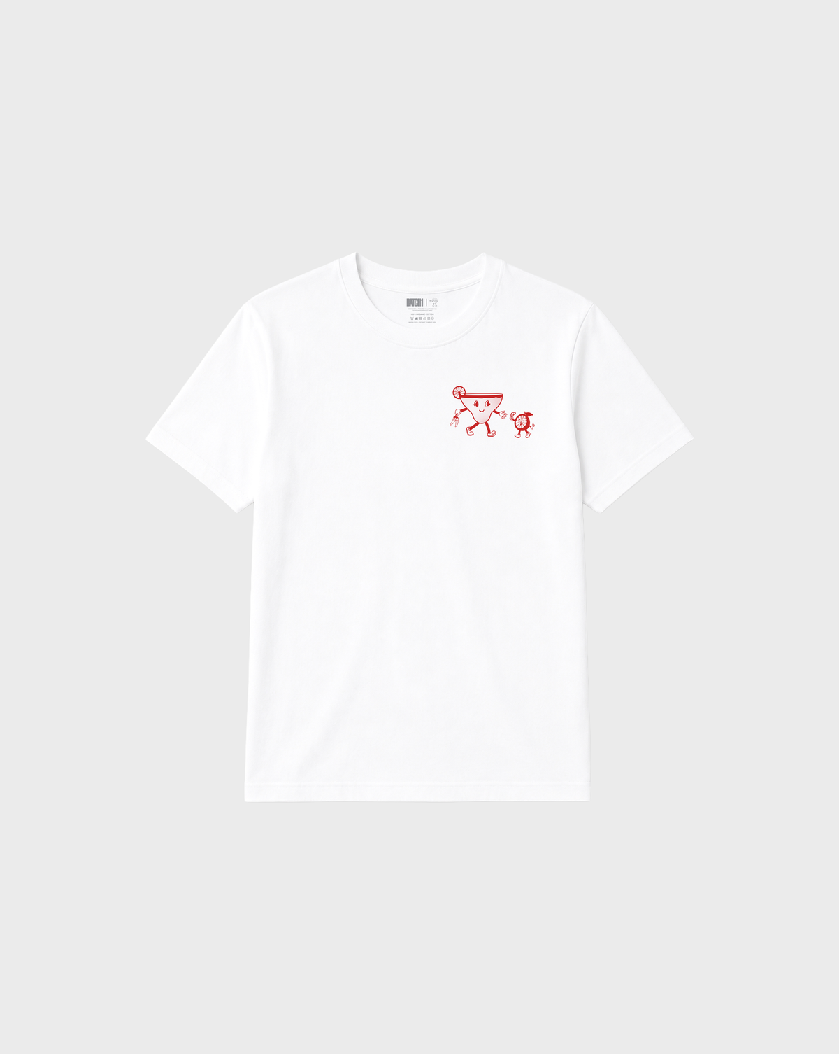 Spicy Margarita white T-shirt, front flat lay with a small red cocktail and lime character print on the left chest