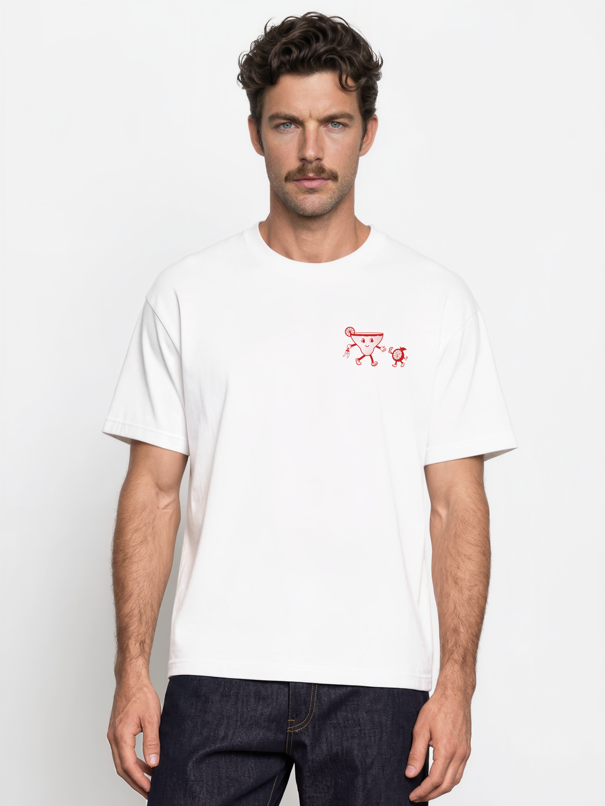 Male model wearing the Spicy Margarita white T-shirt, showing the small red left-chest cocktail print