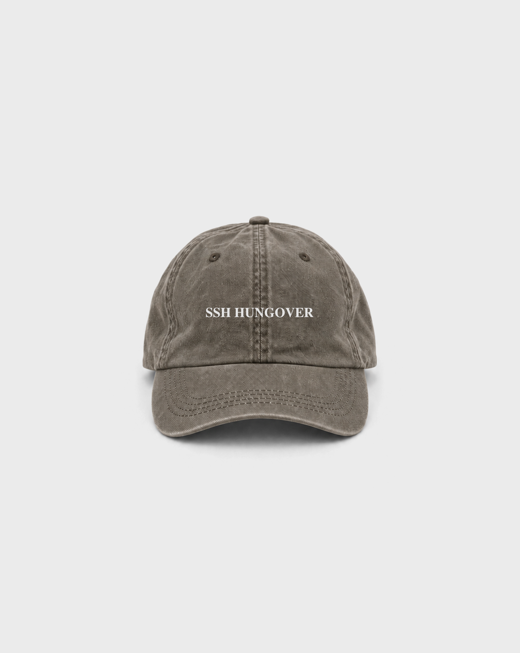 Ssh Hungover - Washed Brown Cap, front view with white SSH HUNGOVER lettering