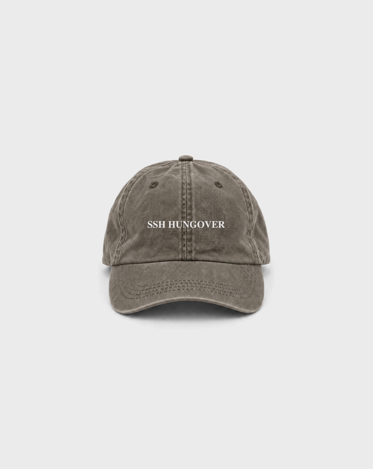 Ssh Hungover - Washed Brown Cap, front view with white SSH HUNGOVER lettering