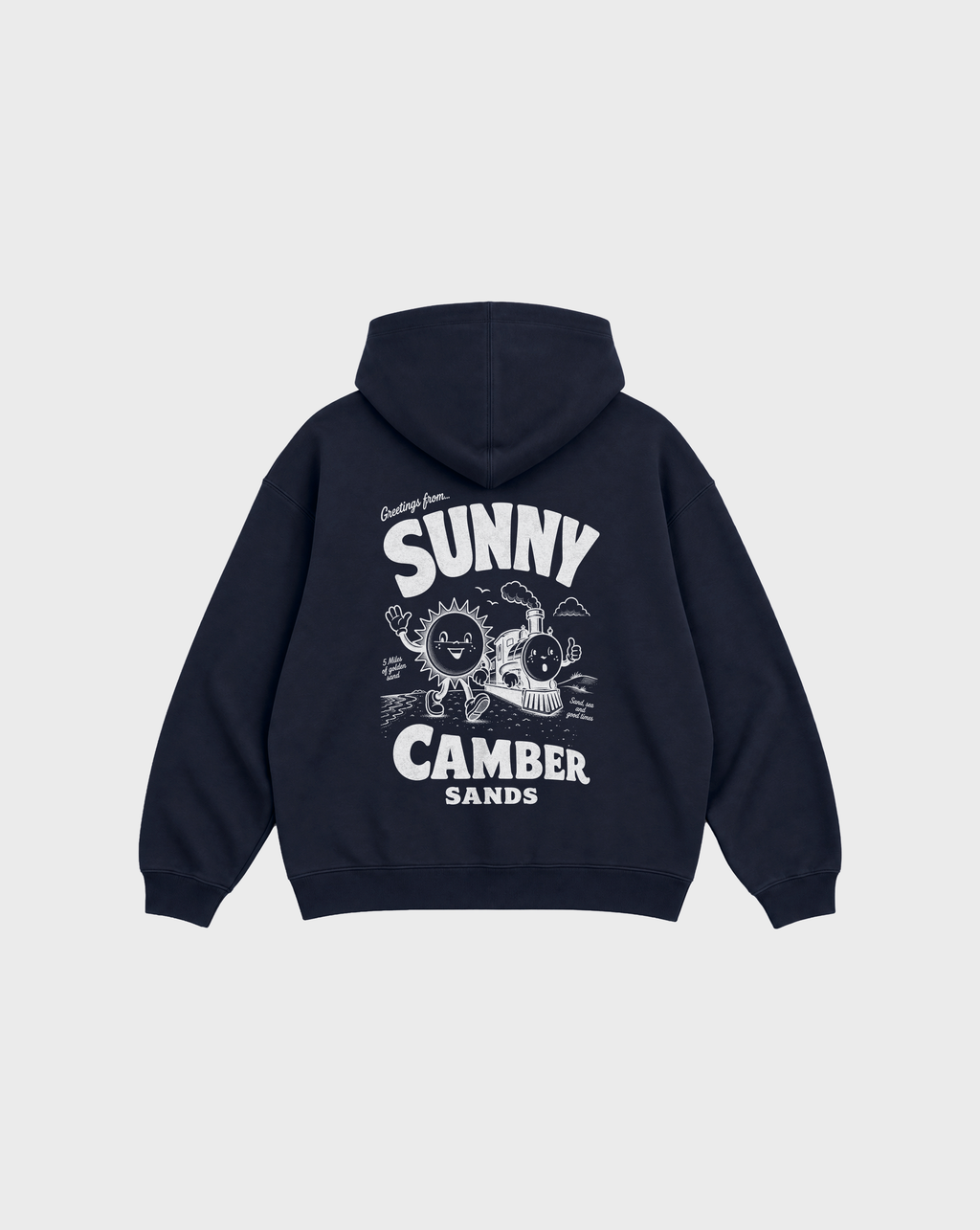 Sunny Camber Sands navy hoodie, back flat lay, showing the larger white seaside sun and steam train back design