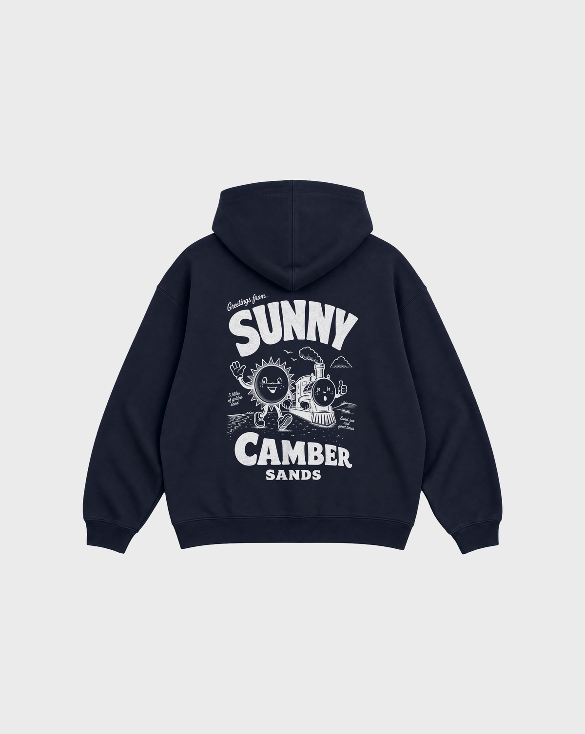 Sunny Camber Sands navy hoodie, back flat lay, showing the larger white seaside sun and steam train back design