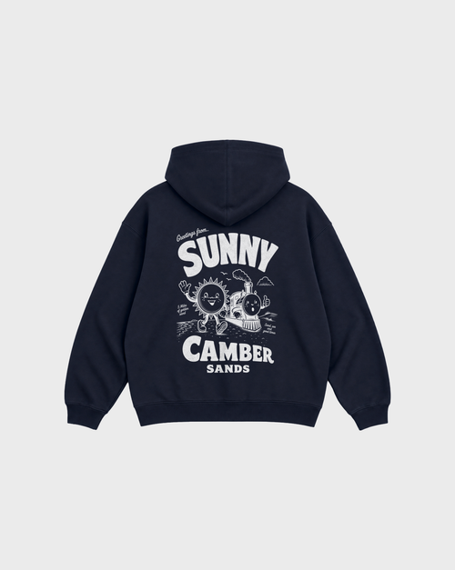 Sunny Camber Sands navy hoodie, back flat lay, showing the larger white seaside sun and steam train back design