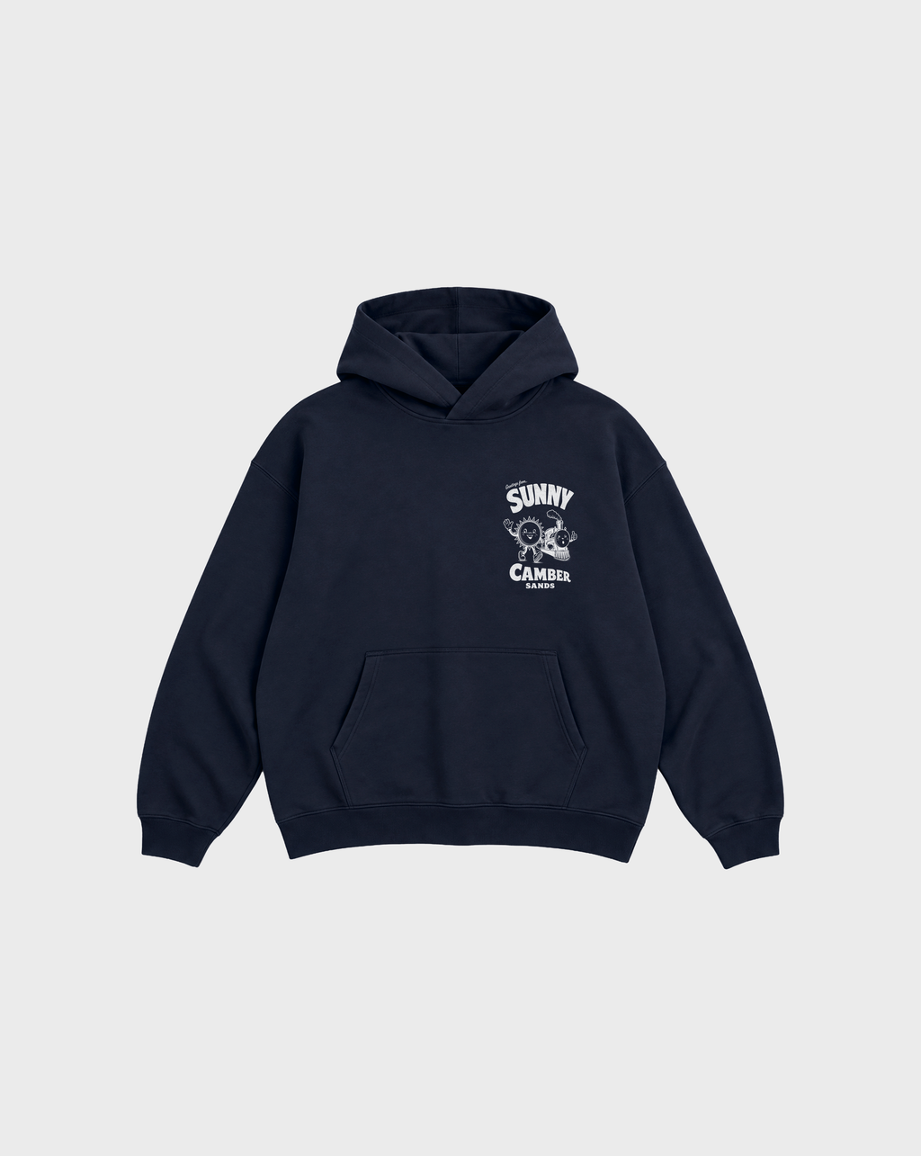 Sunny Camber Sands navy hoodie, front flat lay, showing a small white sun and steam train chest print
