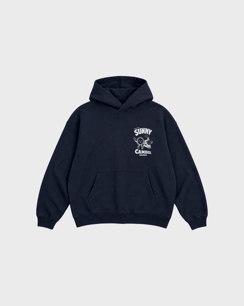 Sunny Camber Sands navy hoodie, front flat lay, showing a small white sun and steam train chest print