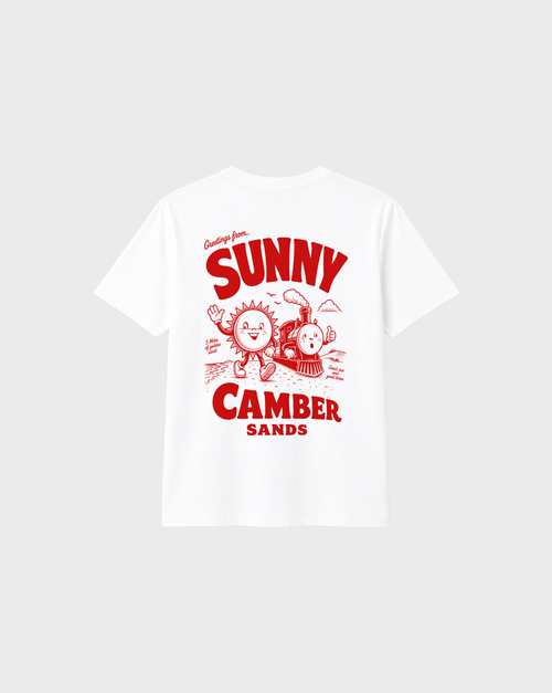Sunny Camber Sands white T-shirt, back flat lay, showing the larger red seaside sun and steam train back design
