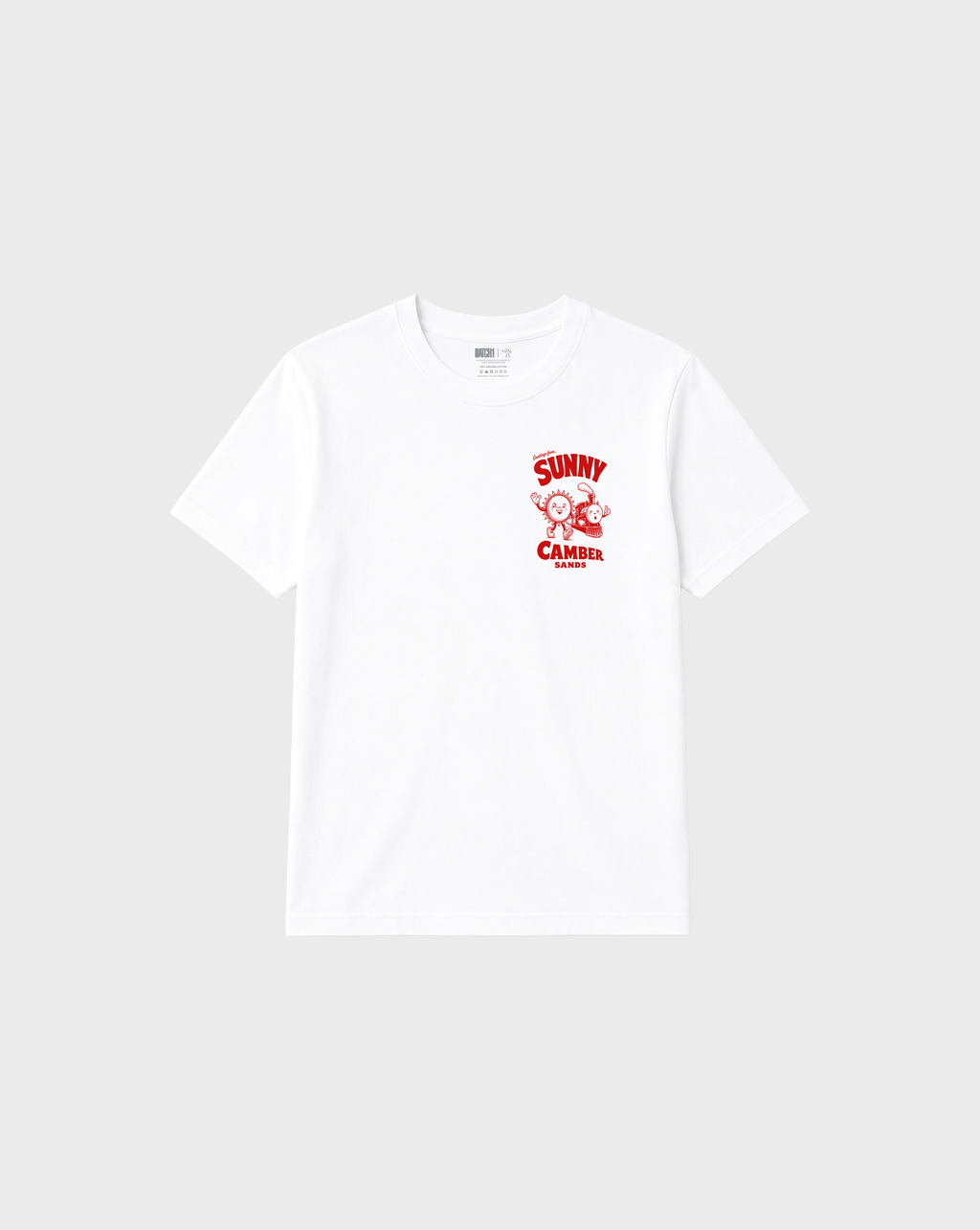 Sunny Camber Sands white T-shirt, front flat lay, showing a small red sun and steam train chest print