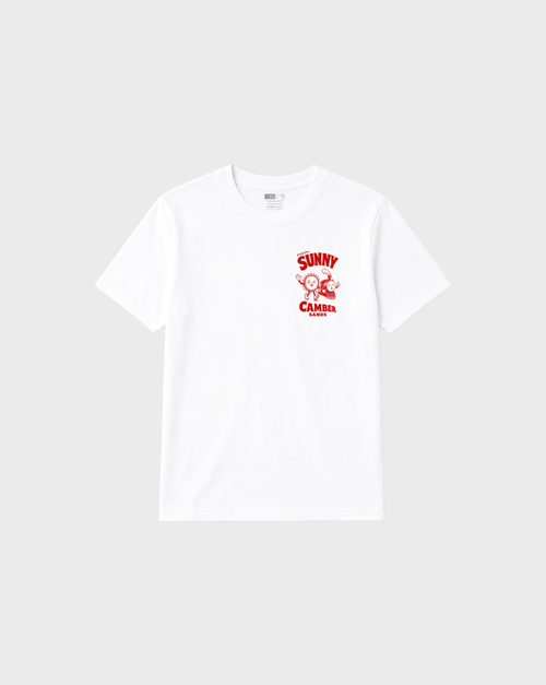 Sunny Camber Sands white T-shirt, front flat lay, showing a small red sun and steam train chest print