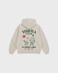 Back view of tequila club oversized hoodie in stone, showing the large Tequila Club back graphic.