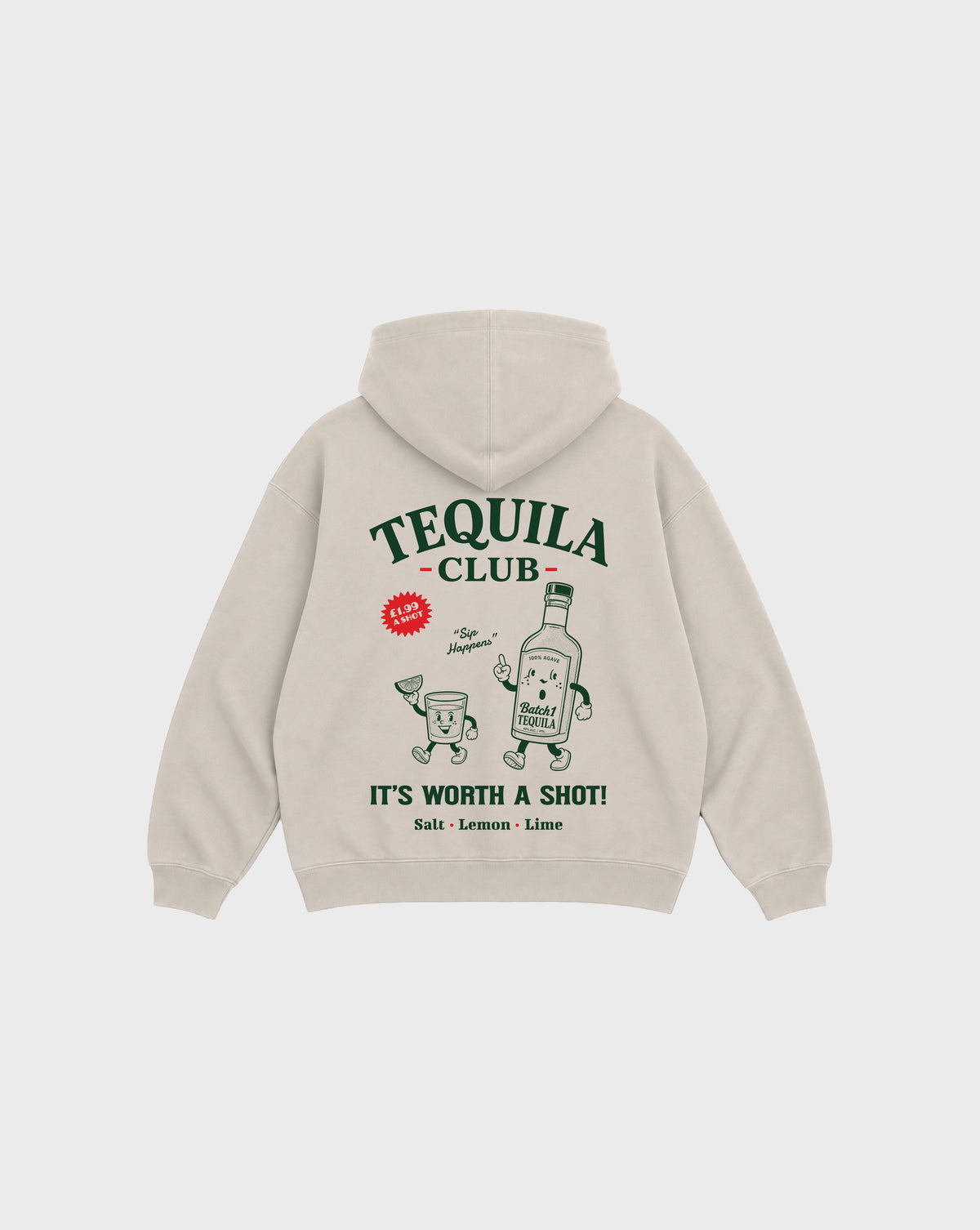 Back view of tequila club oversized hoodie in stone, showing the large Tequila Club back graphic.