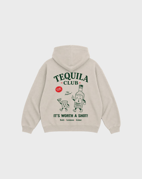 Back view of tequila club oversized hoodie in stone, showing the large Tequila Club back graphic.