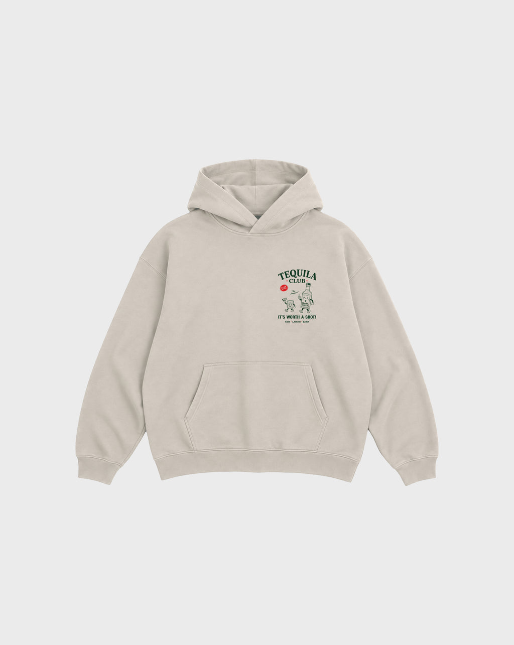 Front view of tequila club oversized hoodie in stone, showing the left chest Tequila Club graphic.