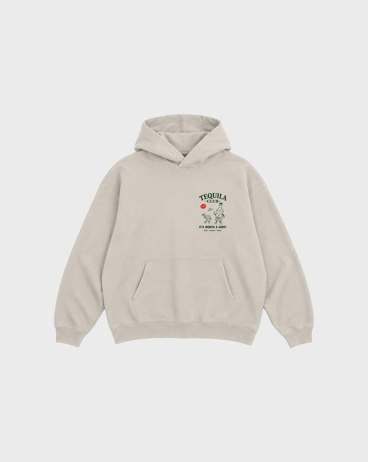 Front view of tequila club oversized hoodie in stone, showing the left chest Tequila Club graphic.