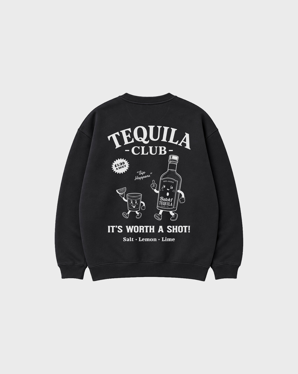 Back view of tequila club oversized sweatshirt in black, showing the large Tequila Club back graphic.