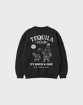 Back view of tequila club oversized sweatshirt in black, showing the large Tequila Club back graphic.