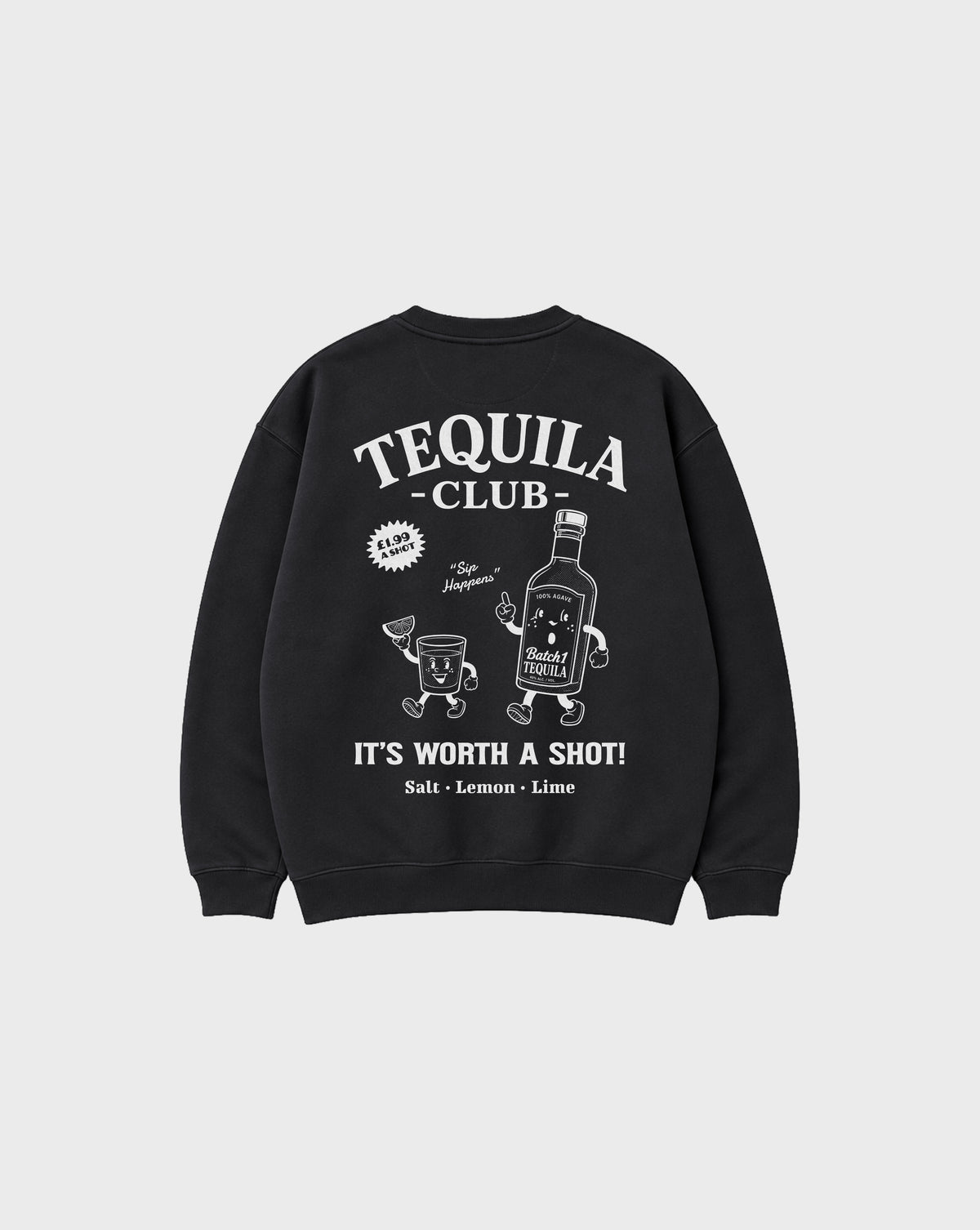 Back view of tequila club oversized sweatshirt in black, showing the large Tequila Club back graphic.