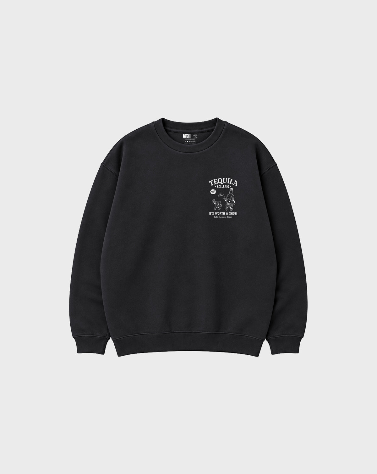 Front view of tequila club oversized sweatshirt in black, showing the left chest Tequila Club graphic.