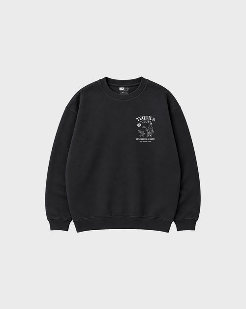 Front view of tequila club oversized sweatshirt in black, showing the left chest Tequila Club graphic.