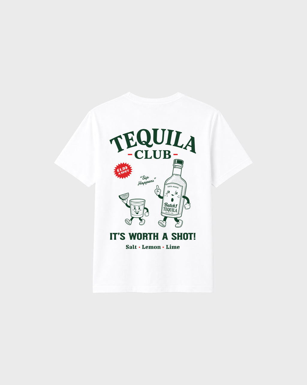 Back view of tequila club graphic t-shirt in white, showing the large Tequila Club back graphic.