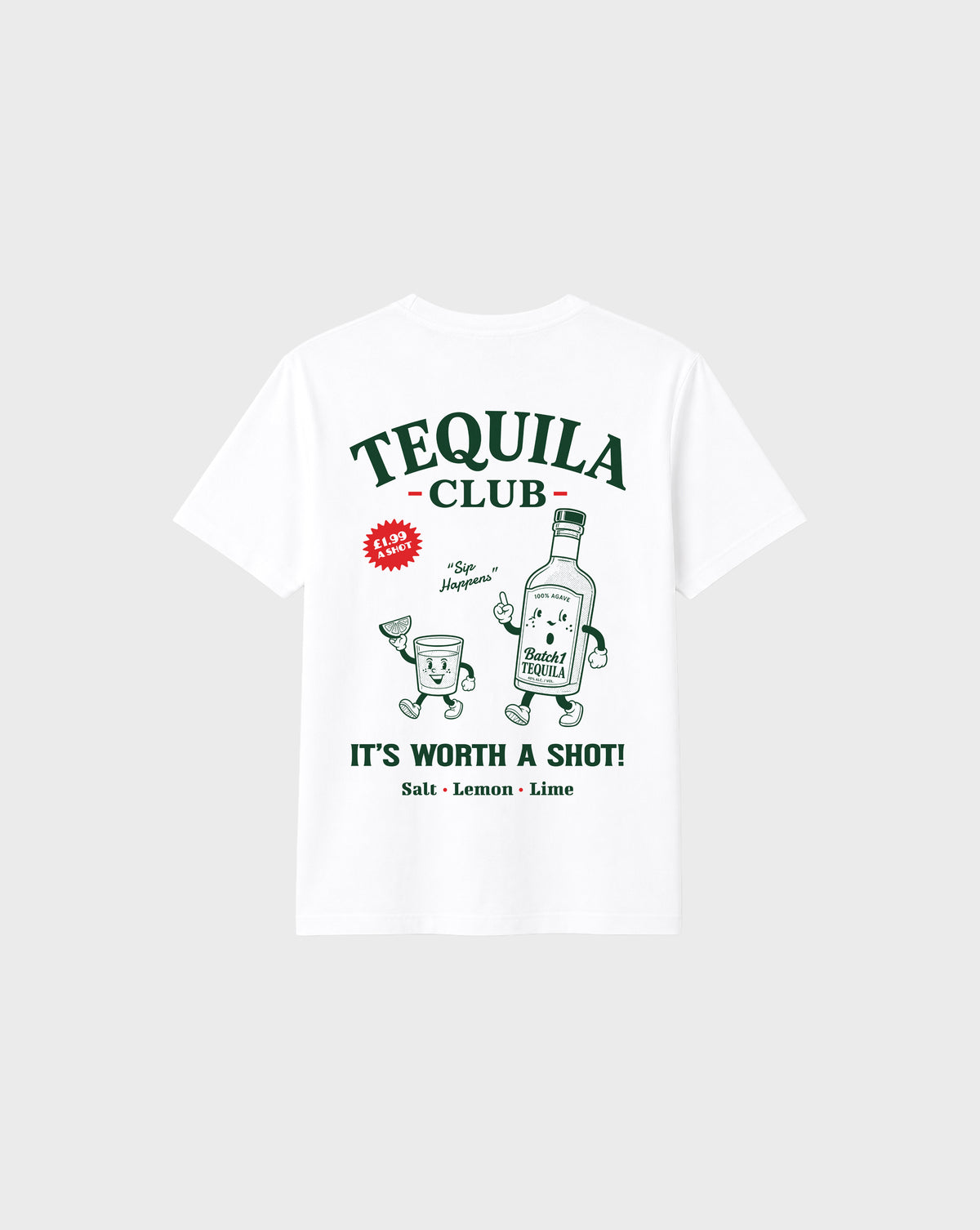 Back view of tequila club graphic t-shirt in white, showing the large Tequila Club back graphic.