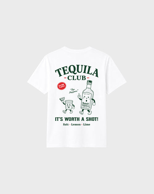 Back view of tequila club graphic t-shirt in white, showing the large Tequila Club back graphic.
