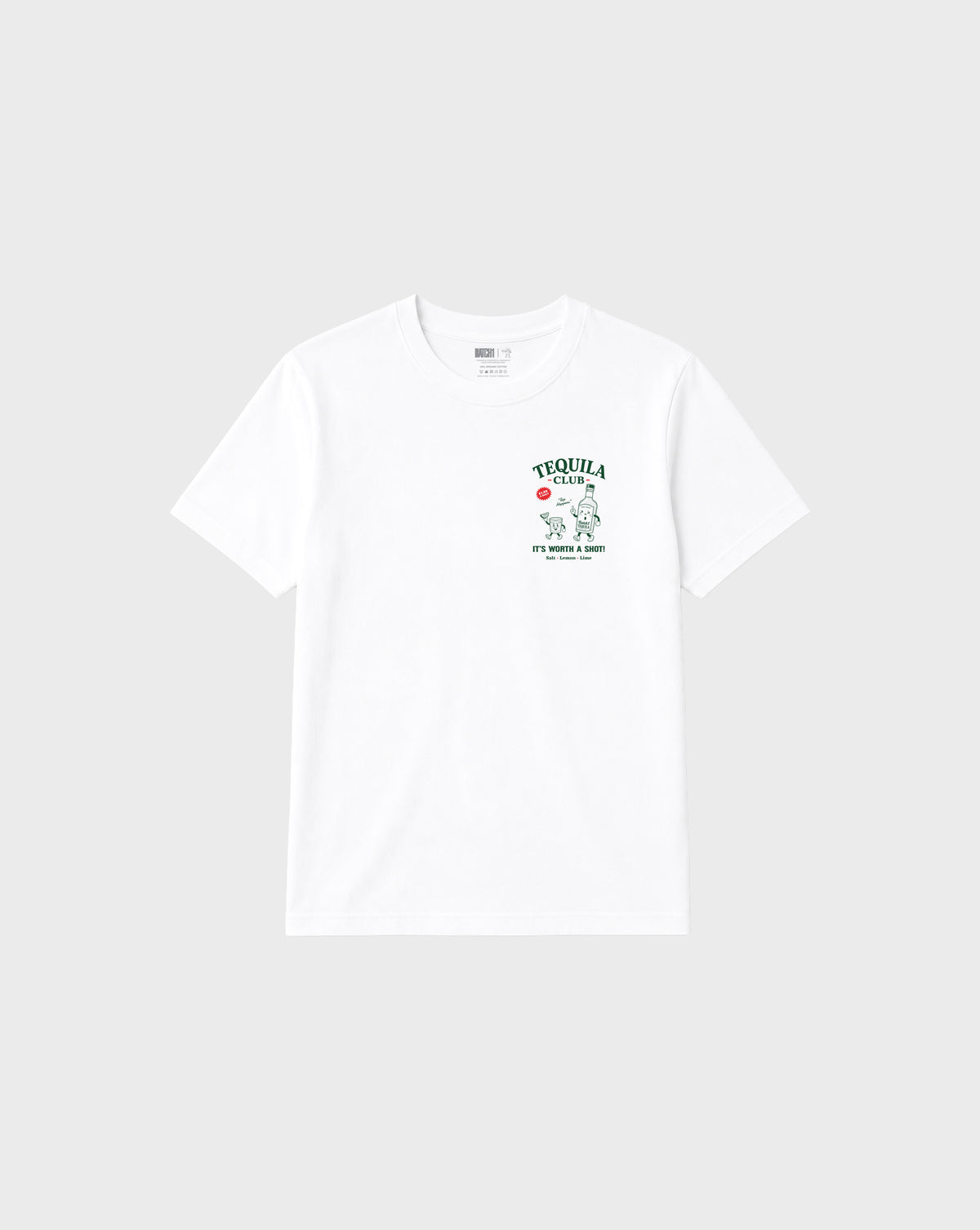 Front view of tequila club graphic t-shirt in white, showing the left chest Tequila Club graphic.