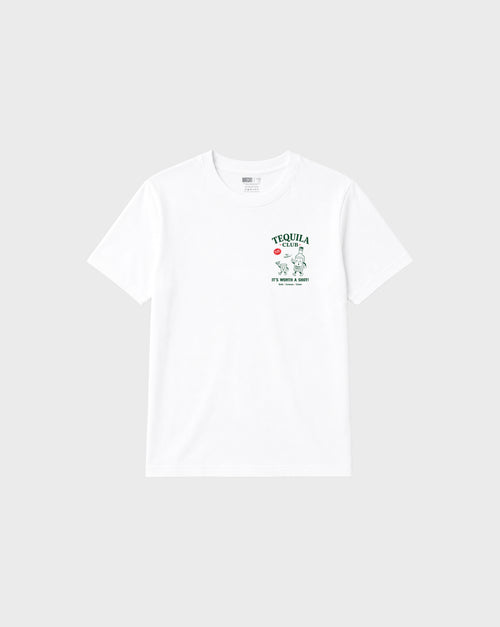 Front view of tequila club graphic t-shirt in white, showing the left chest Tequila Club graphic.