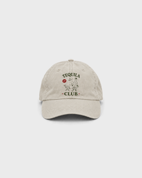 Tequila Club Vintage Dad Cap in Washed Ivory, front view with lower green and red print following the natural cotton weave