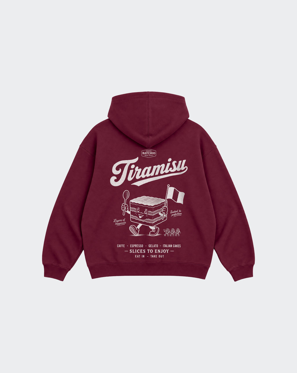 Burgundy Tiramisu unisex oversized hoodie, back view with large white Italian dessert graphic
