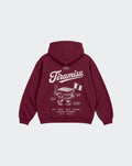 Burgundy Tiramisu unisex oversized hoodie, back view with large white Italian dessert graphic