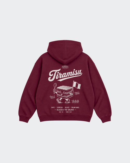 Burgundy Tiramisu unisex oversized hoodie, back view with large white Italian dessert graphic