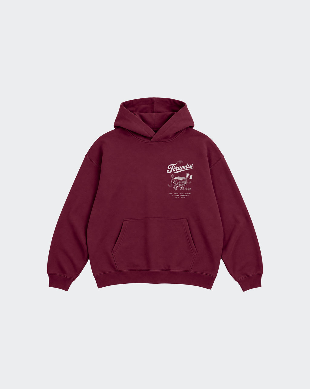 Burgundy Tiramisu unisex oversized hoodie, front view with left chest white Italian dessert graphic
