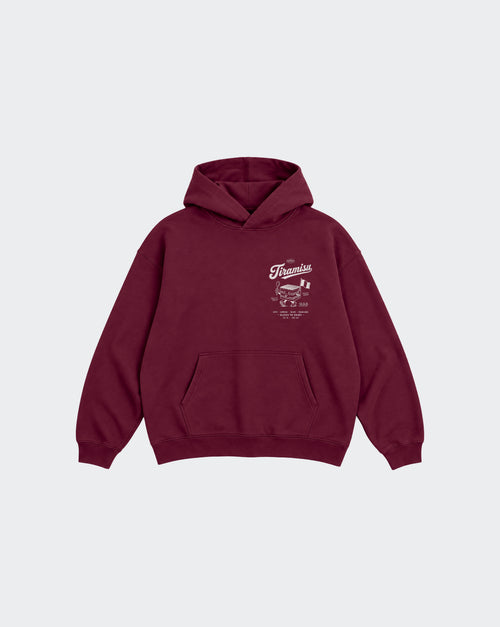 Burgundy Tiramisu unisex oversized hoodie, front view with left chest white Italian dessert graphic