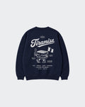 Navy Tiramisu unisex oversized sweatshirt, back view with large white Italian dessert graphic