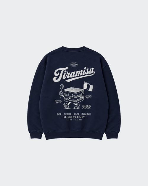 Navy Tiramisu unisex oversized sweatshirt, back view with large white Italian dessert graphic