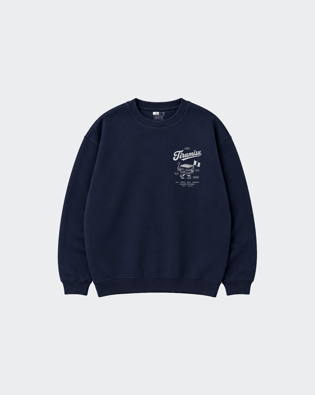 Navy Tiramisu unisex oversized sweatshirt, front view with left chest white Italian dessert graphic
