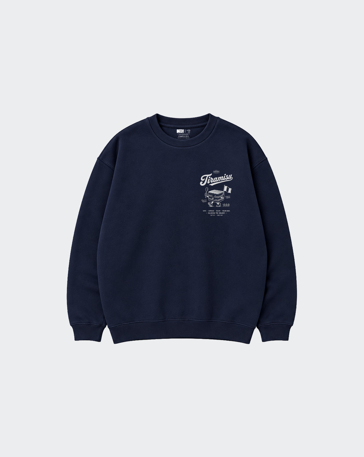 Navy Tiramisu unisex oversized sweatshirt, front view with left chest white Italian dessert graphic