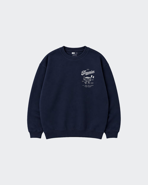 Navy Tiramisu unisex oversized sweatshirt, front view with left chest white Italian dessert graphic