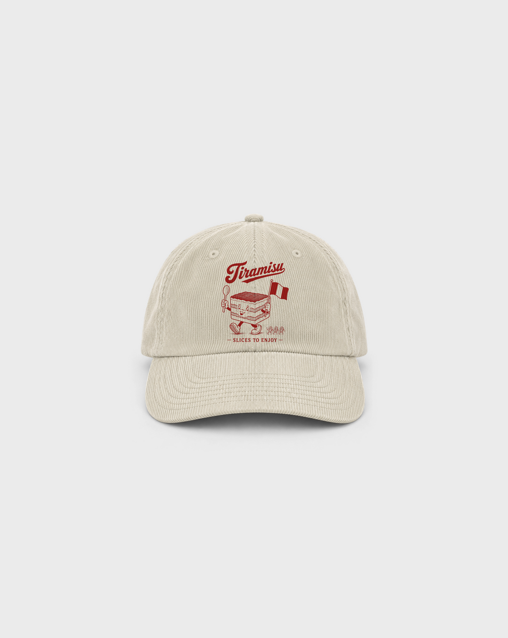 Tiramisu Cord Cap in Stone, front view with burgundy dessert character print and Slices to Enjoy lettering
